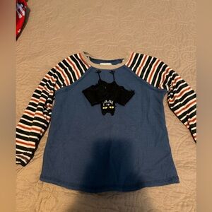 Mud Pie Blue Shirt with Striped Sleeves and Cat Design